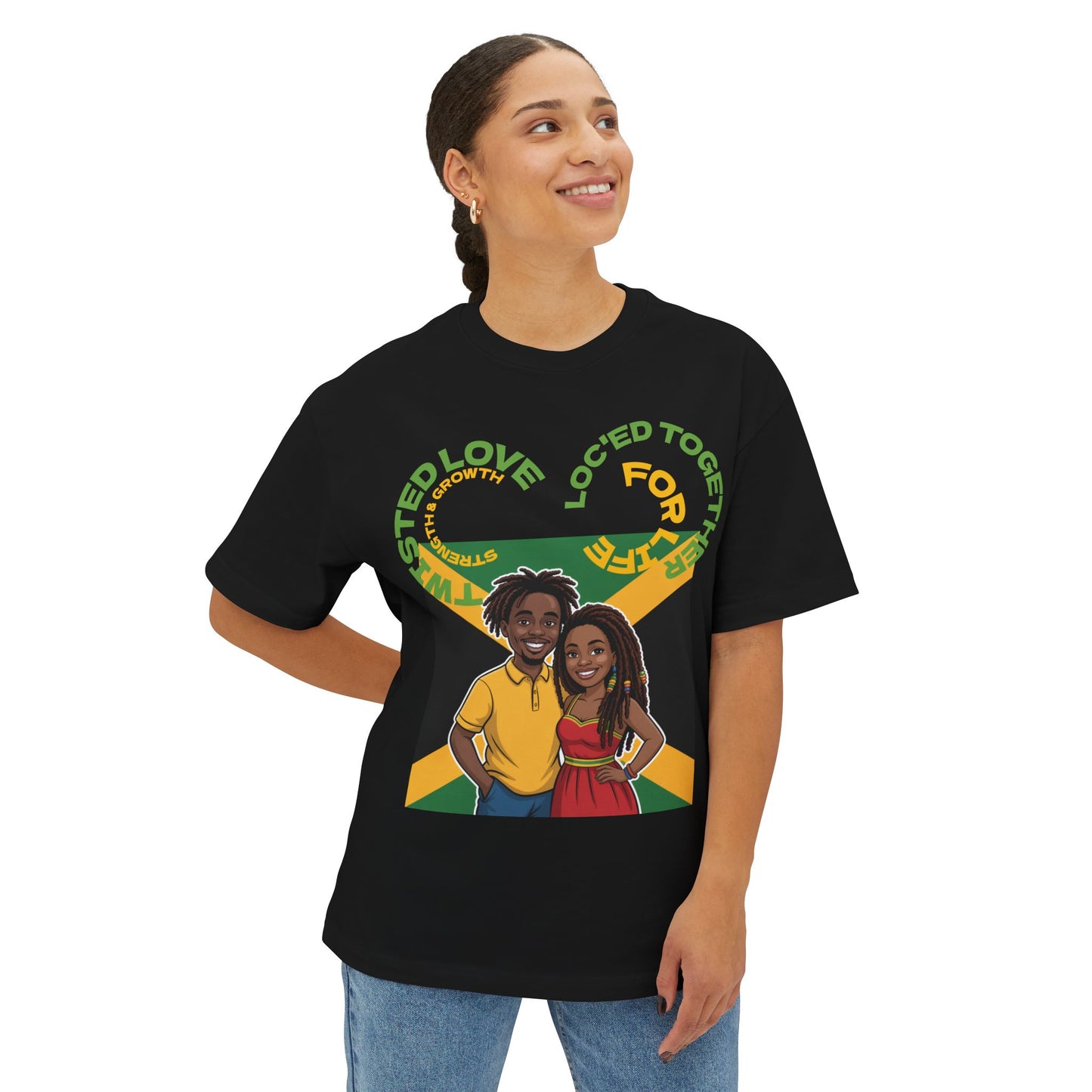 Unisex Oversized Boxy Tee - Couple’s Wicks Dreads T-Shirt , Love & Strength – African American Couple with Wicks Dreads, Celebrating Growth & Togetherness